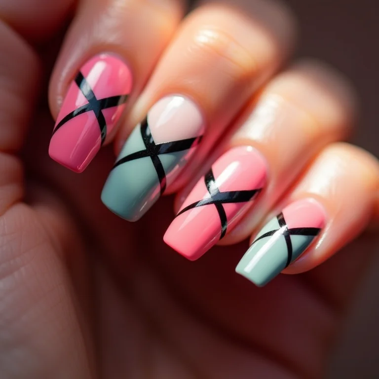 Unhas de gel geométricas modernas com linhas nítidas