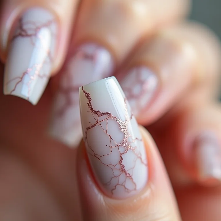 Unhas de gel marmorizadas com detalhes intrincados