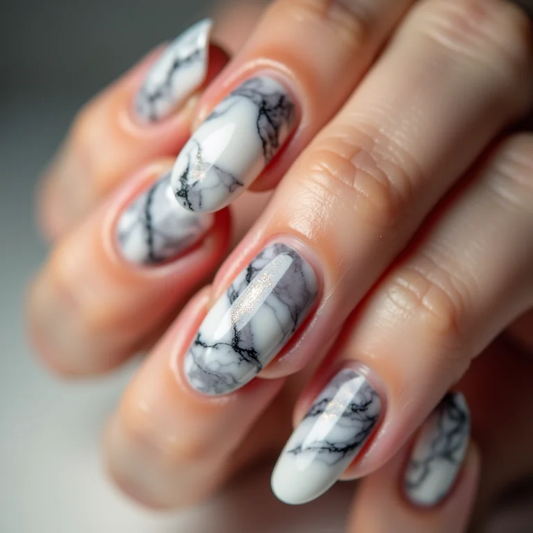 Unhas de gel marmorizadas em tons de branco e cinza