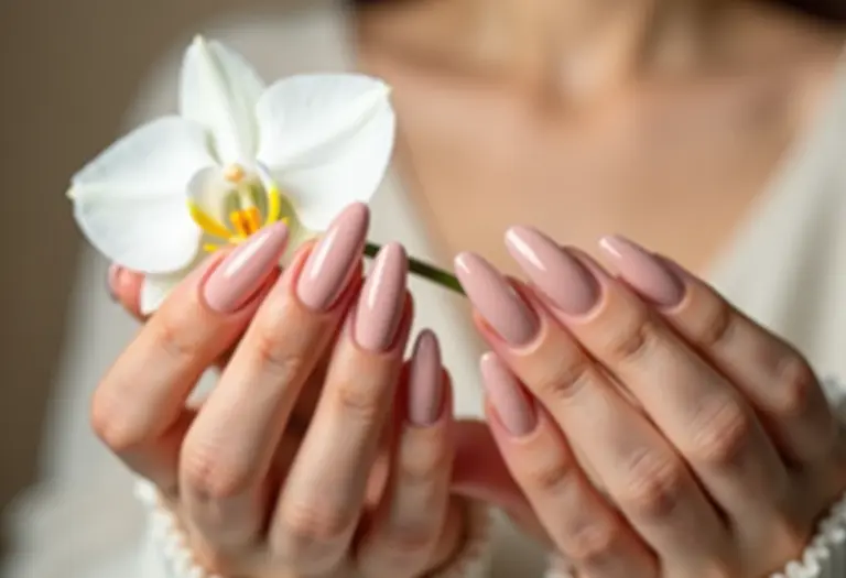 Unhas de gel nude segurando orquídea branca