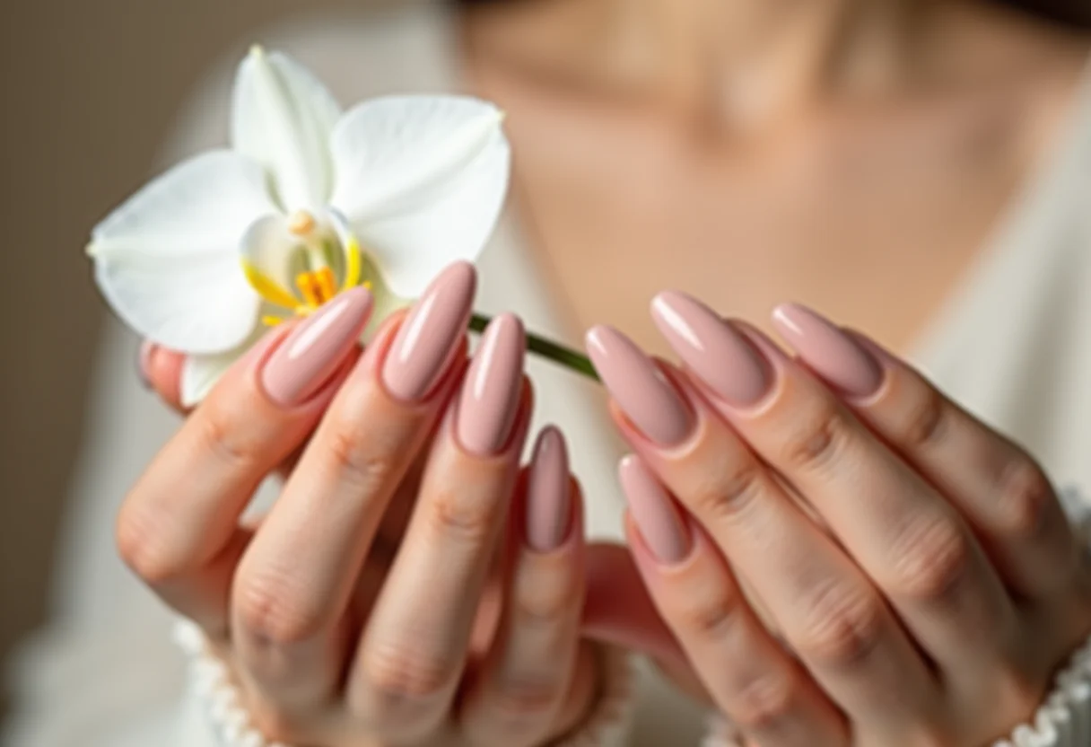 Unhas de gel nude segurando orquídea branca