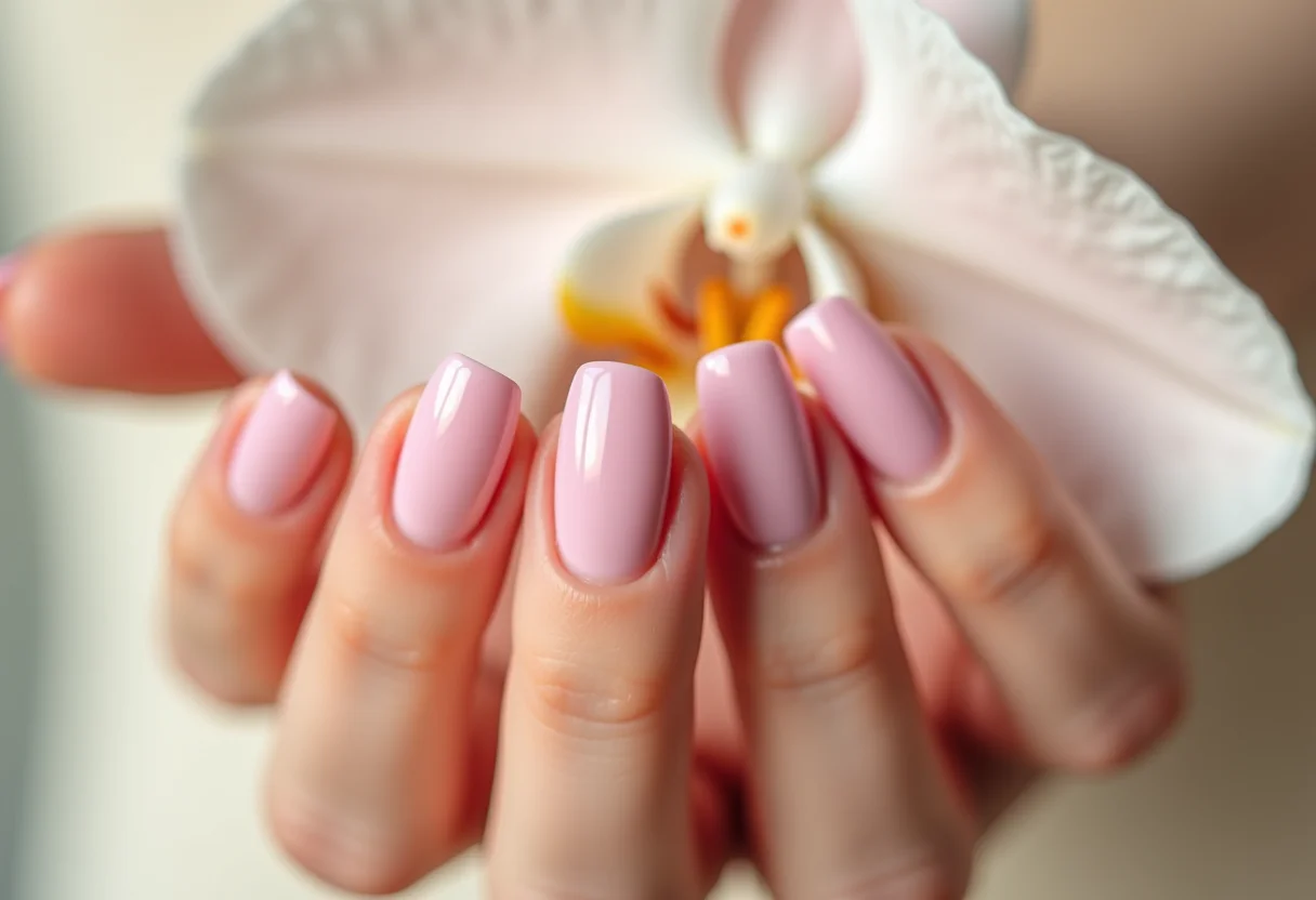 Unhas de gel rosa blush segurando orquídea branca