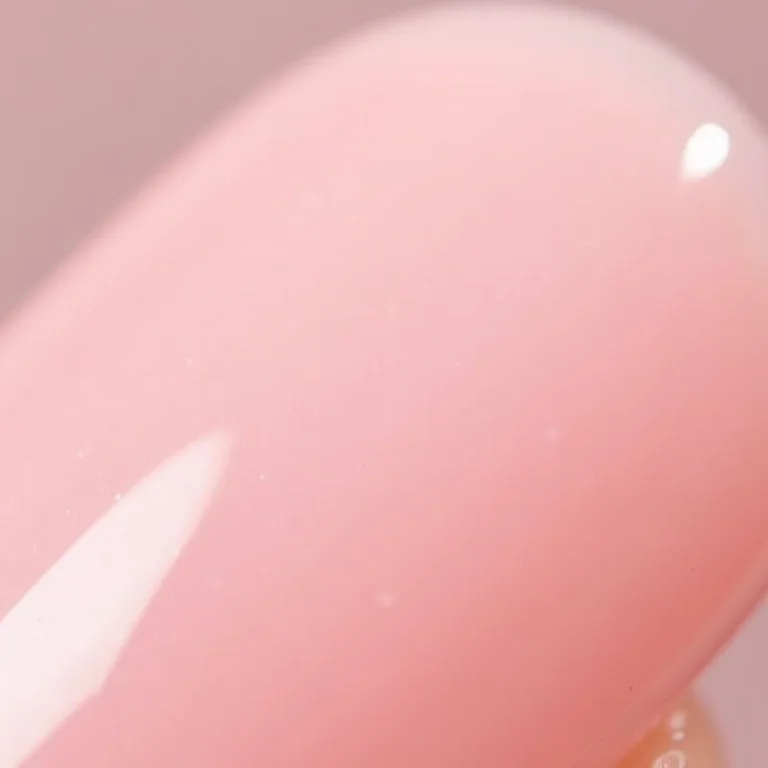 Unhas de gel rosa claro com acabamento perolado suave