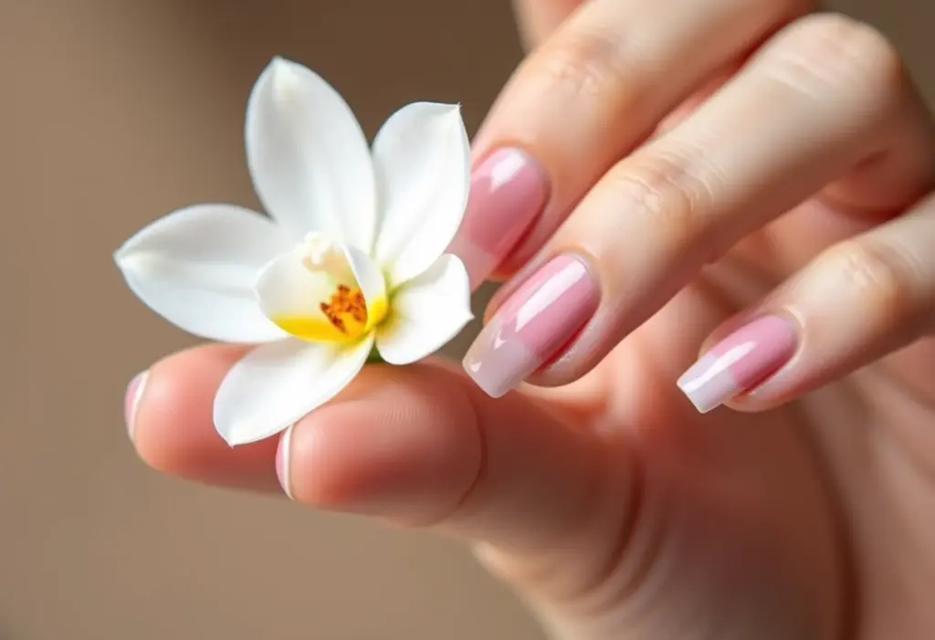 Unhas de gel rosa claro segurando orquídea branca