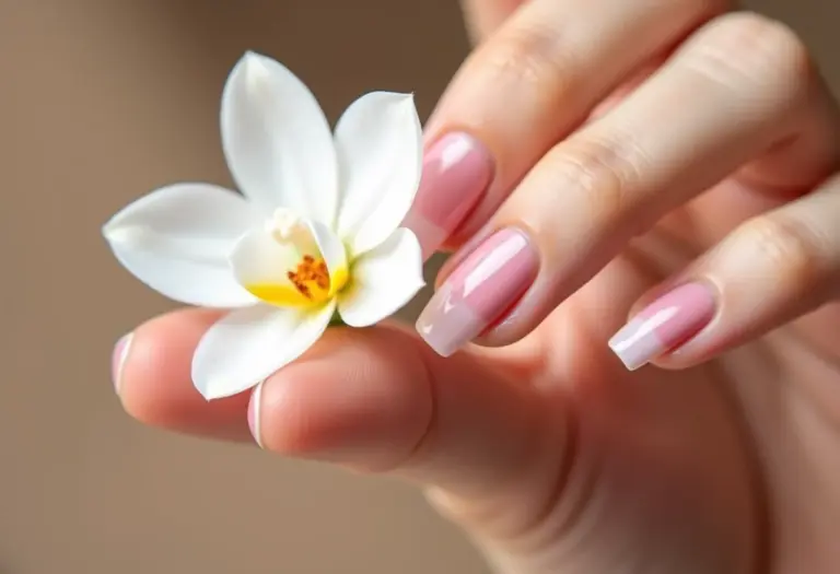 Unhas de gel rosa claro segurando orquídea branca