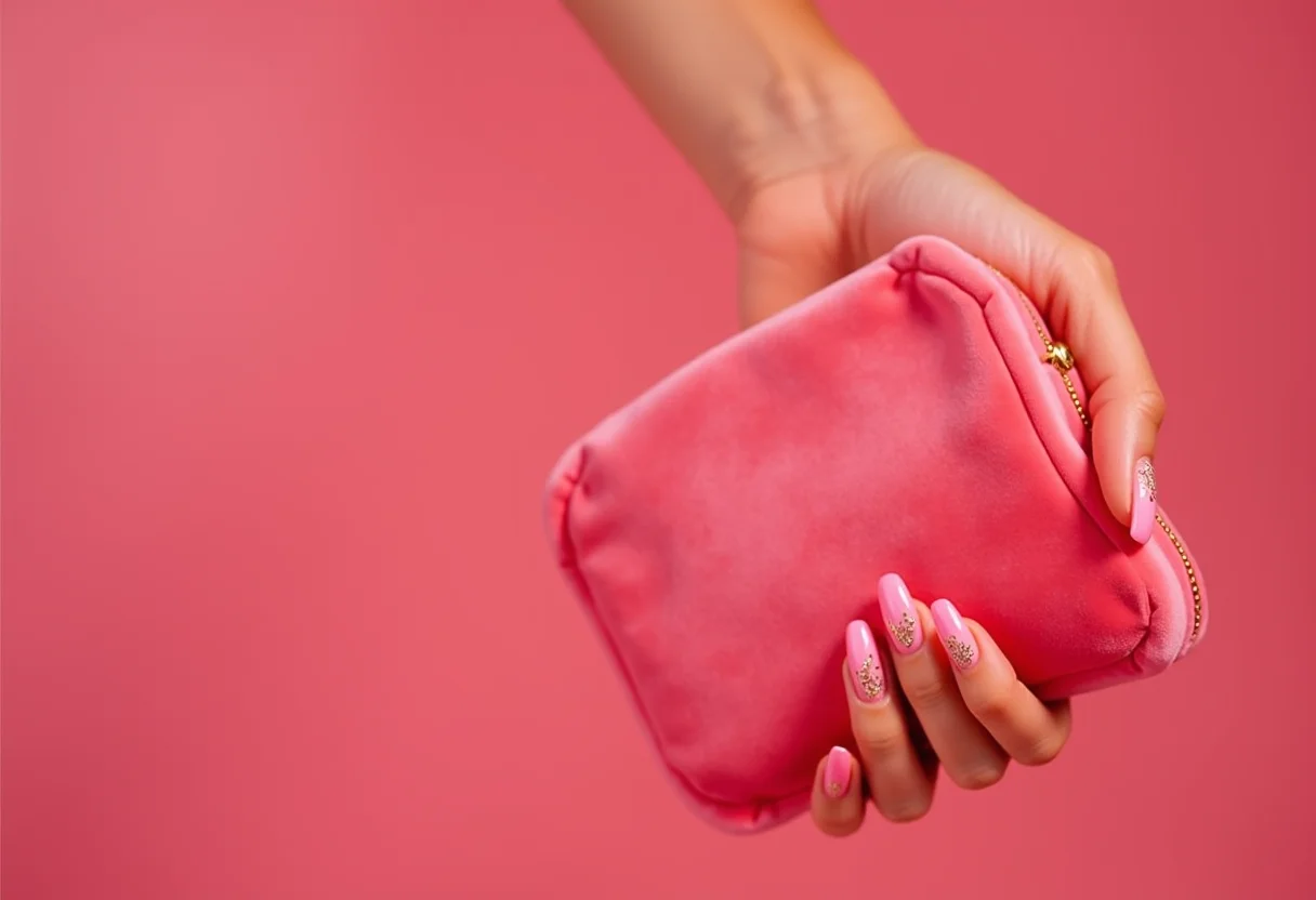 Unhas de gel rosa decoradas com detalhes em folha de ouro