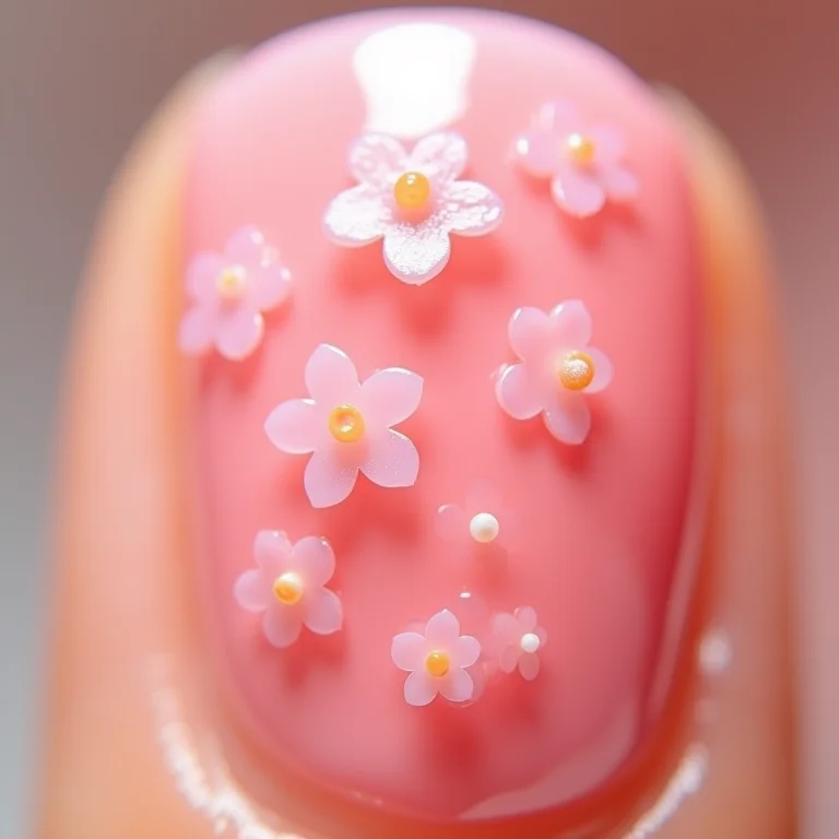Unhas de gel rosa decoradas com flores delicadas