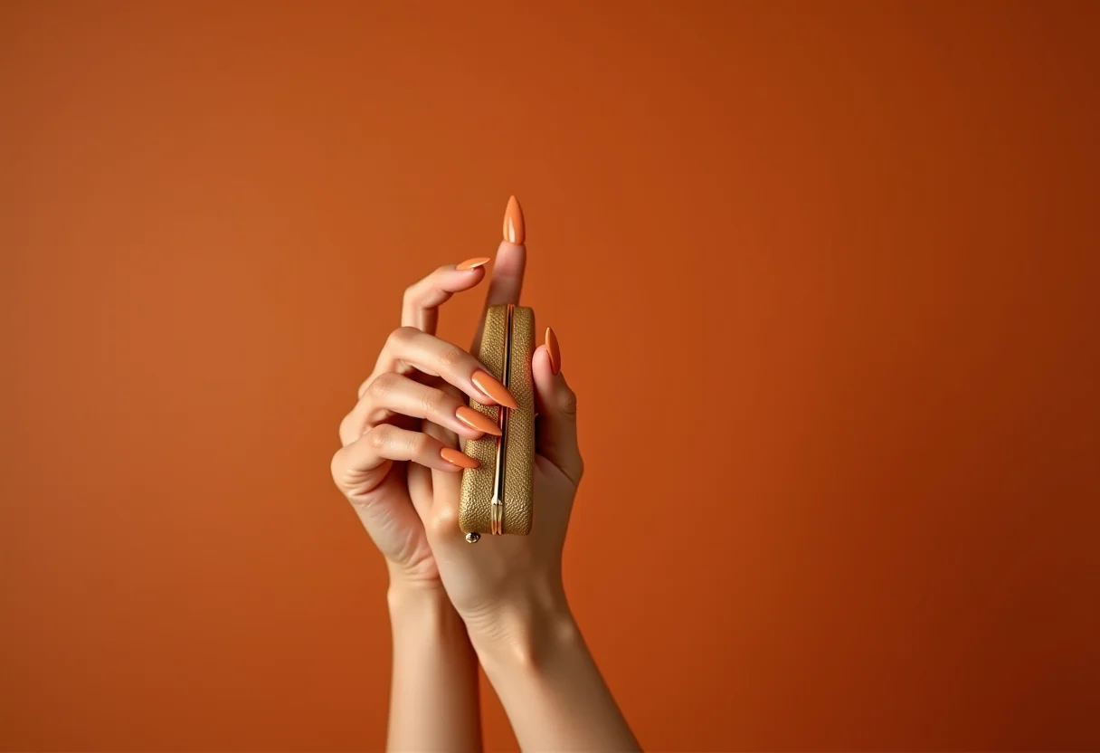 Unhas de gel stiletto nude segurando clutch dourada