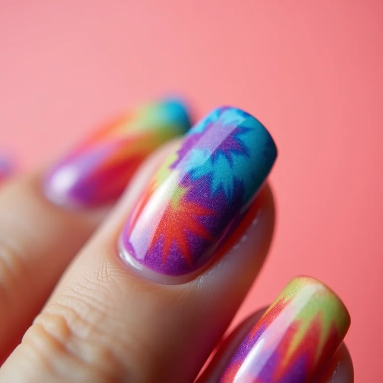 Unhas de gel tie dye com cores vibrantes