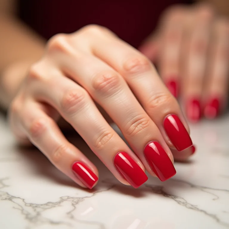 Unhas de gel vermelhas em mármore neutro