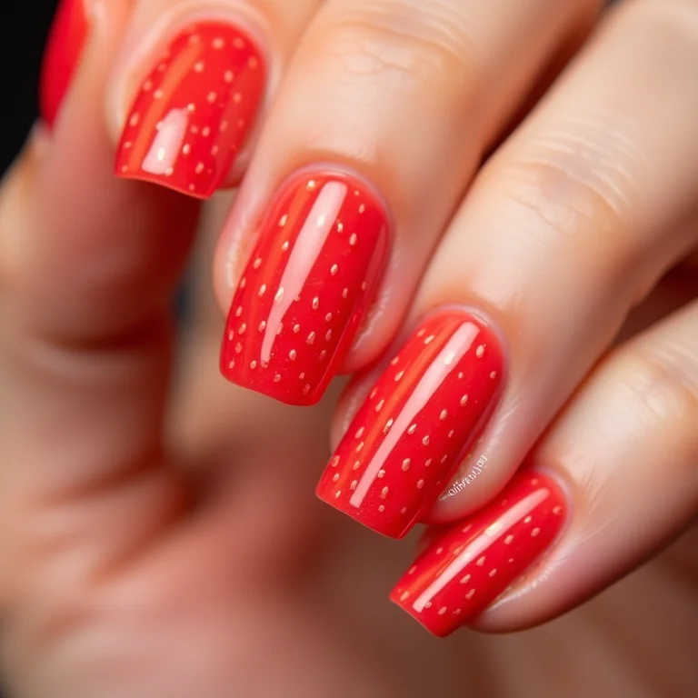 Unhas de morango em gel com brilho extra.