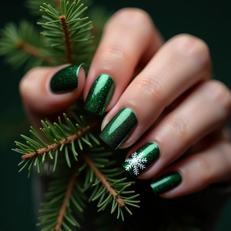 Unhas de Natal com glitter verde e floco de neve