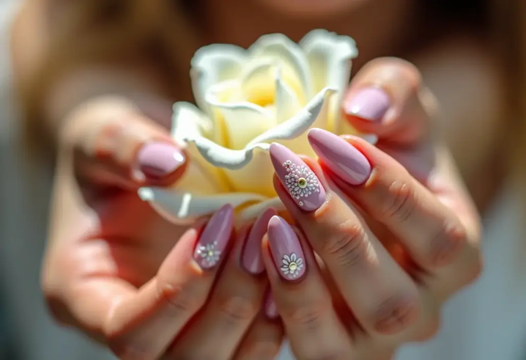 Unhas de noiva com flores brancas