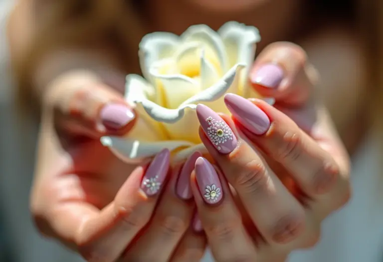 Unhas de noiva com flores brancas