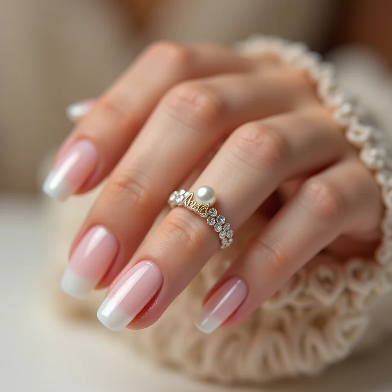 Unhas de noiva com nome delicado e detalhes em pérola