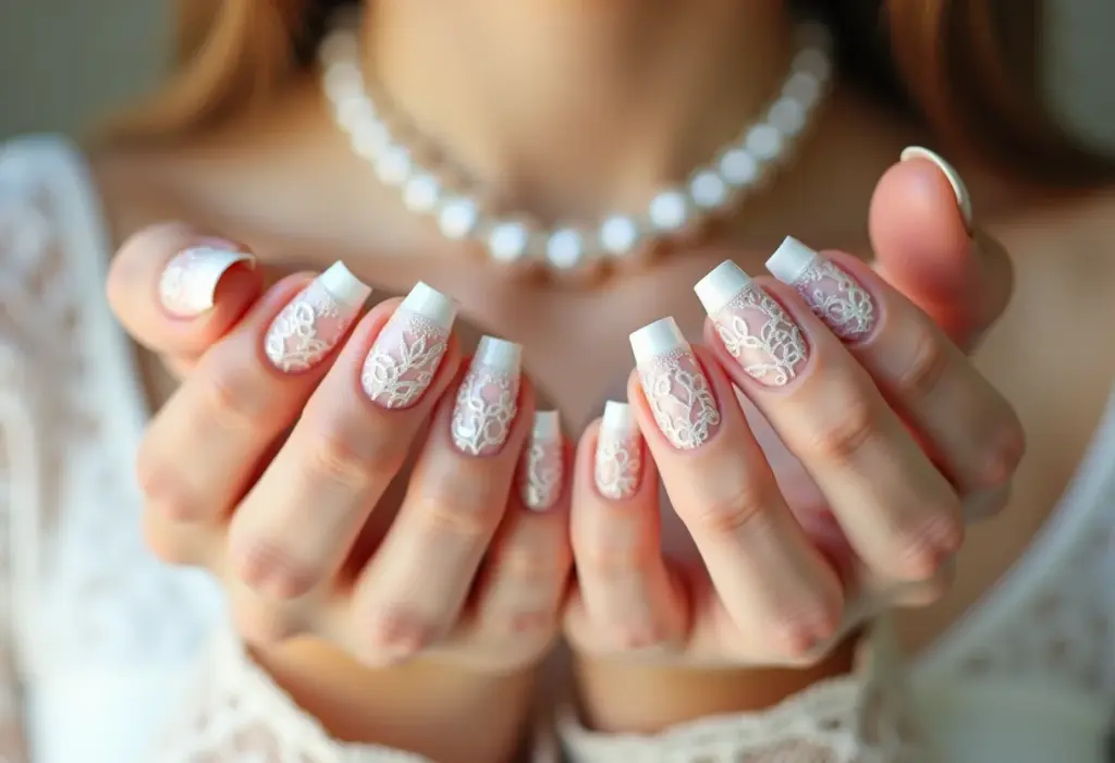 Unhas decoradas para noivas: o guia definitivo para o grande dia Unhas de noiva com renda e pérolas