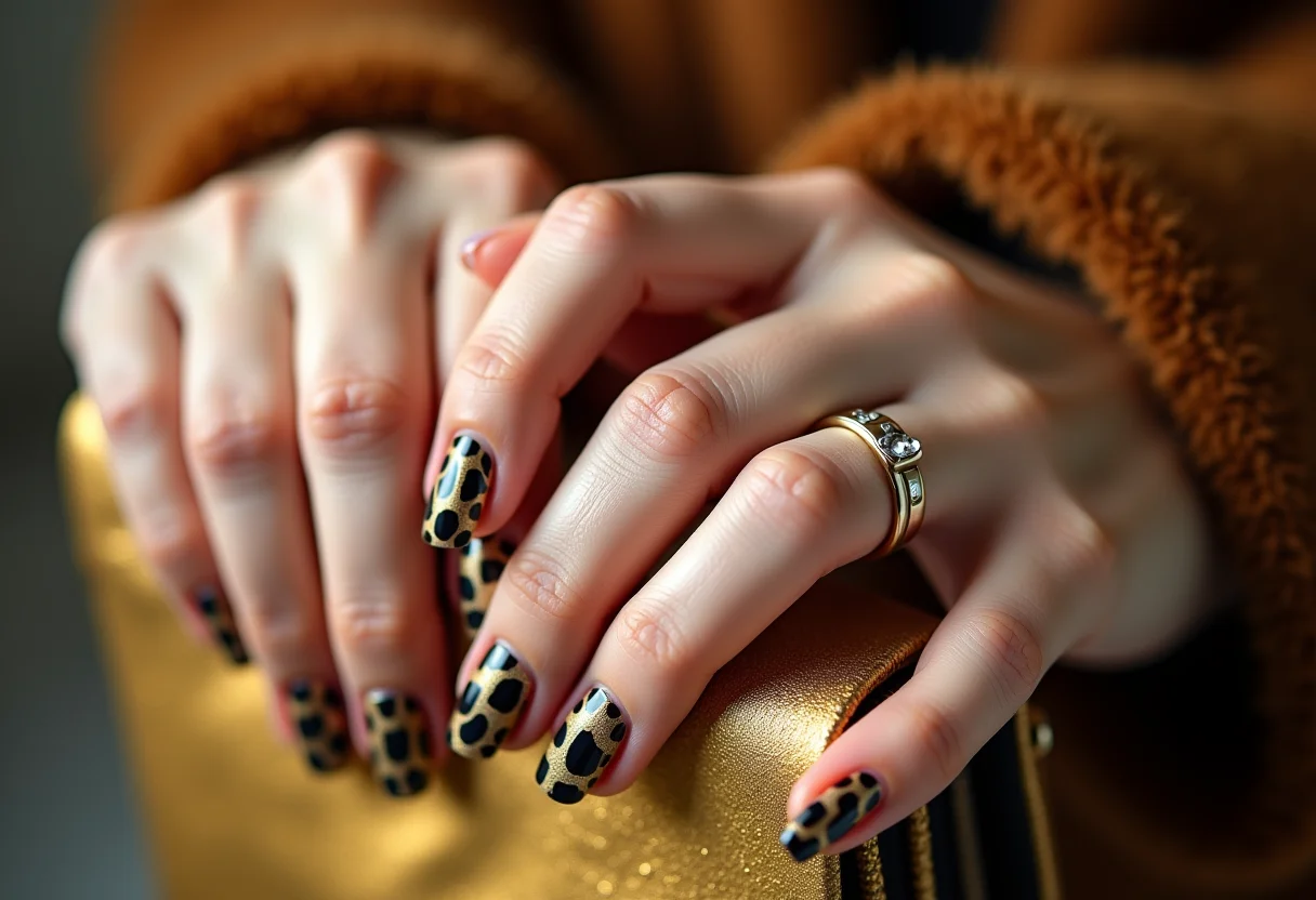 Unhas de oncinha clássicas segurando clutch dourada.