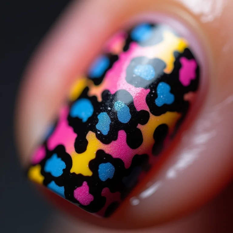 Unhas de oncinha coloridas em close extremo.