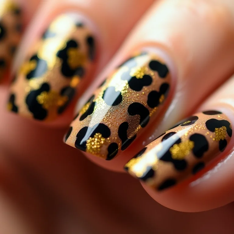 Unhas de oncinha com glitter dourado em detalhe.