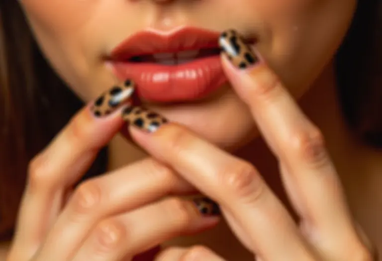 Unhas de oncinha marrom com mãos no rosto