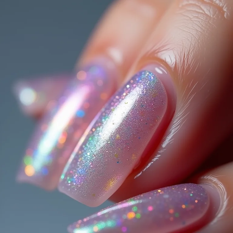 Unhas de vidro com adesivos holográficos