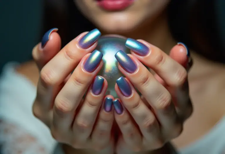 Unhas de vidro furta-cor em mãos femininas elegantes