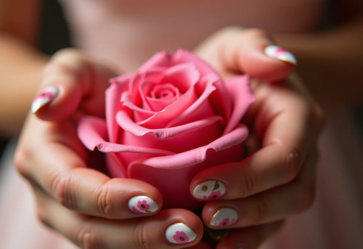 Unhas decoradas à mão com rosas cor de rosa