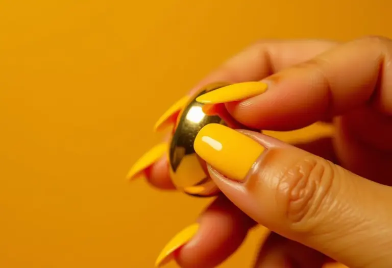 Unhas decoradas amarelas segurando clutch dourada