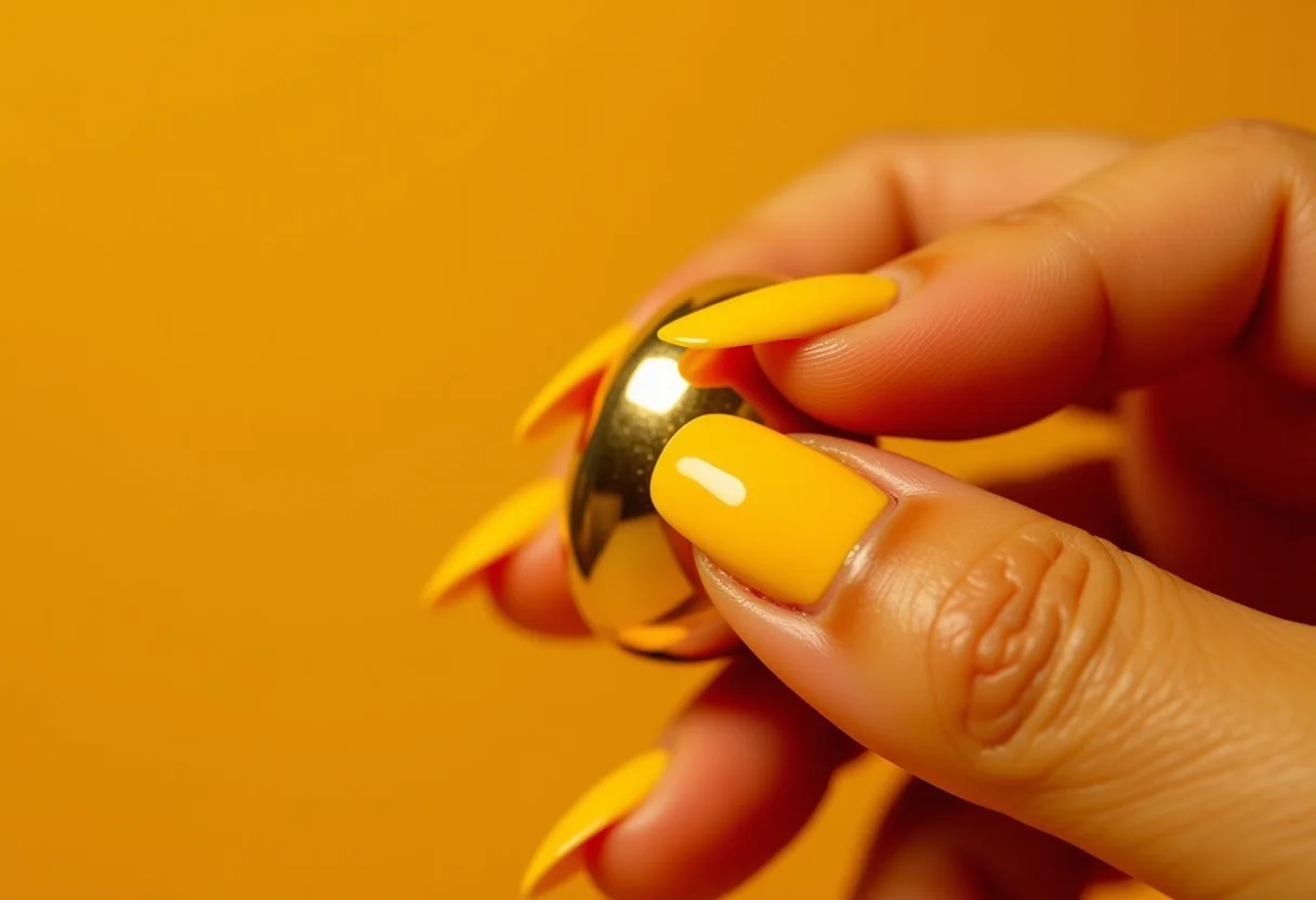 Unhas decoradas amarelas segurando clutch dourada