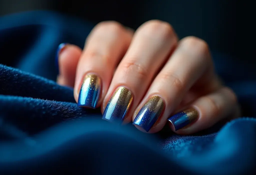 Unhas decoradas azul com dourado: o truque de expert para brilhar Unhas decoradas azul e dourado em veludo azul