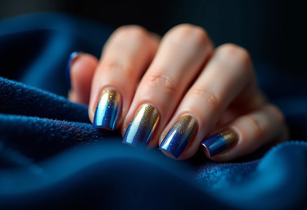 Unhas decoradas azul e dourado em veludo azul
