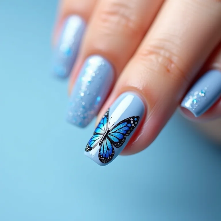 Unhas decoradas borboleta azul delicada