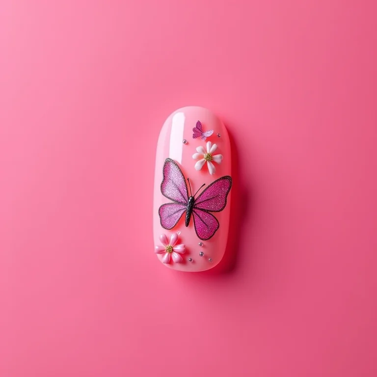 Unhas decoradas borboleta rosa feminina