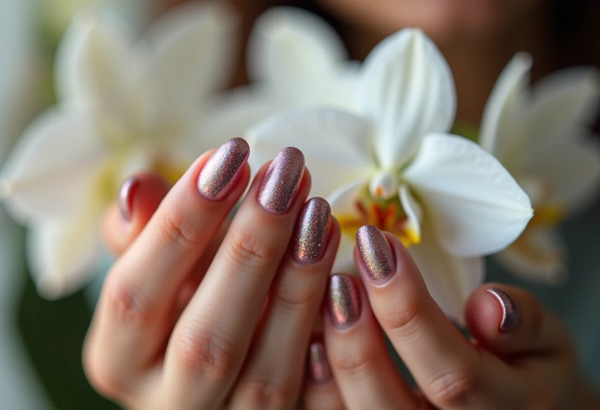 Unhas decoradas borboleta tocando orquídea branca