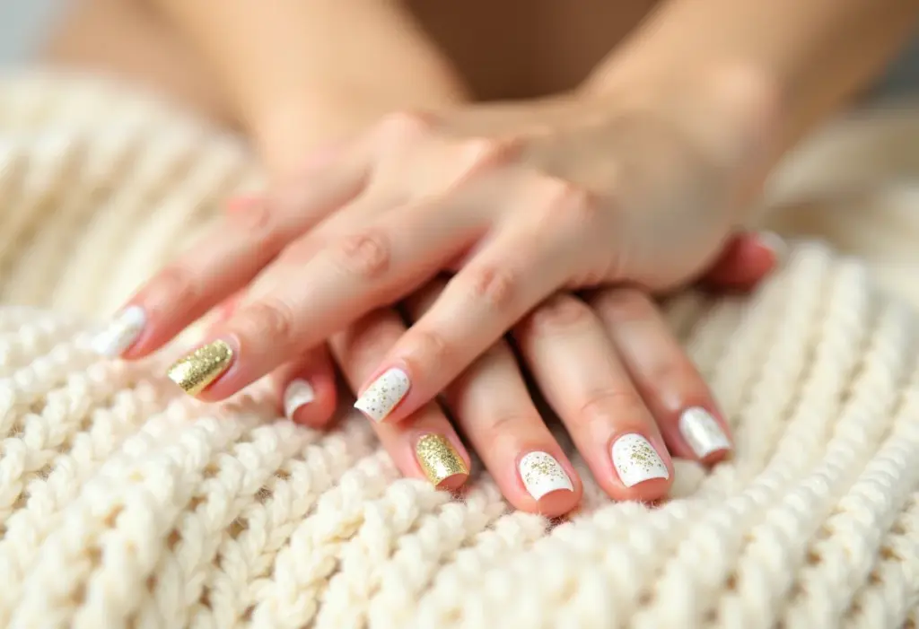 Unha Decorada Branco com Dourado: o Guia Definitivo para Brilhar Unhas decoradas branco e dourado em tecido de tricô
