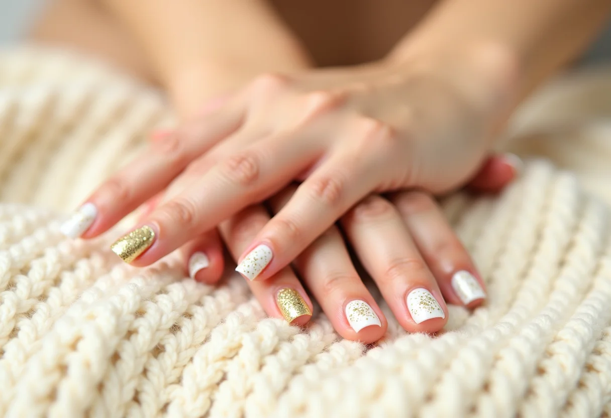 Unhas decoradas branco e dourado em tecido de tricô