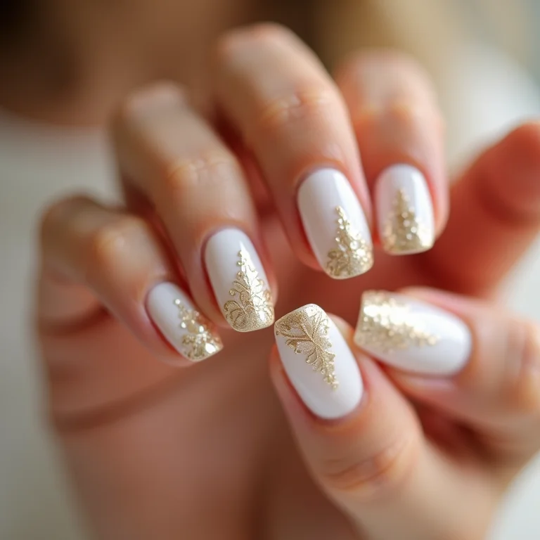 Unhas decoradas branco e dourado para noivas