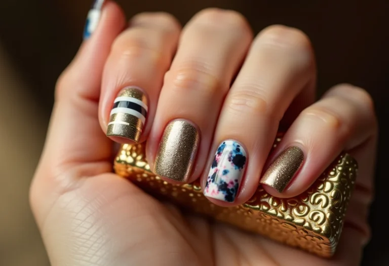 Unhas decoradas com 5 estilos diferentes: francesinha, minimalismo gráfico, marmorizado, glitter e tie-dye.