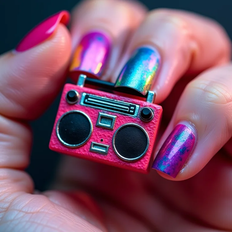 Unhas decoradas com a energia do funk e boombox