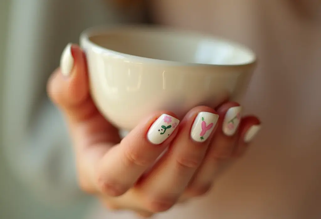 Unhas decoradas com a letra Y em close-up, estilo moderno e elegante