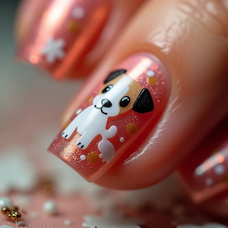 Unhas decoradas com adesivos de cachorrinho