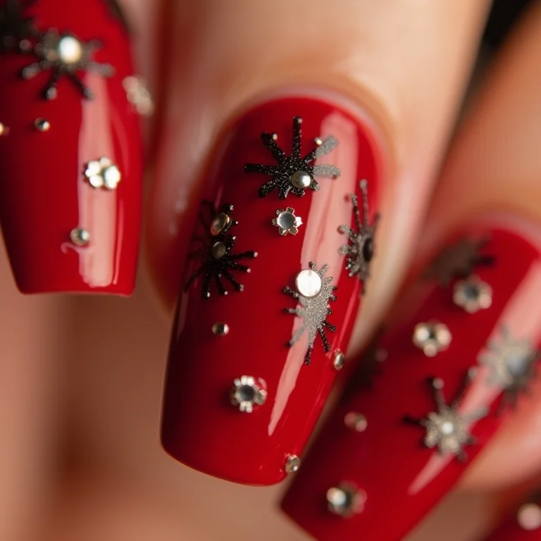 Unhas decoradas com adesivos e aplicações em vermelho e preto