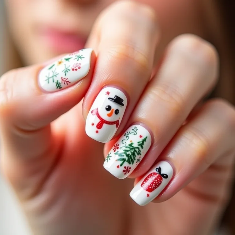 Unhas decoradas com adesivos e películas natalinas.