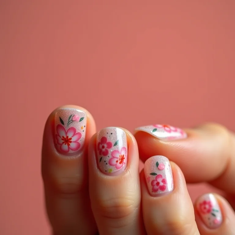 Unhas decoradas com adesivos florais