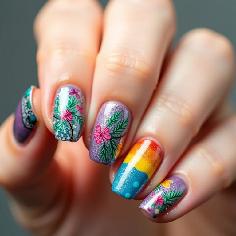Unhas decoradas com adesivos havaianos