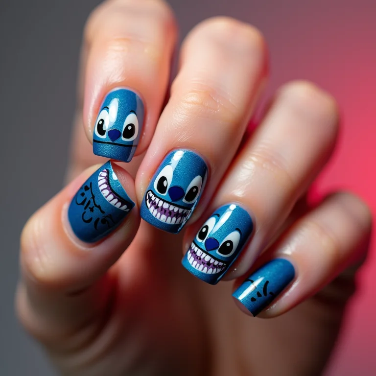 Unhas decoradas com adesivos temáticos do Stitch.