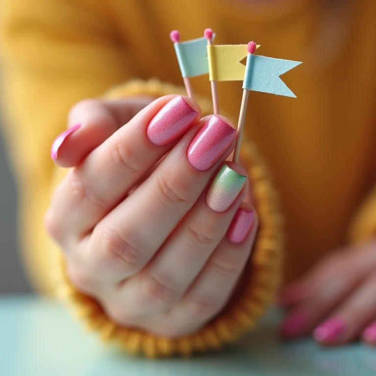 Unhas decoradas com bandeirinhas coloridas para Festa Junina