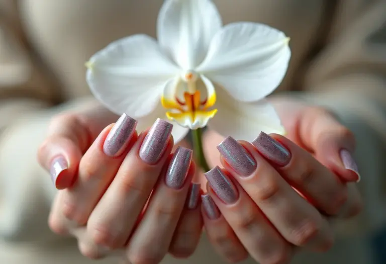 Unhas decoradas com borboletas e orquídea branca