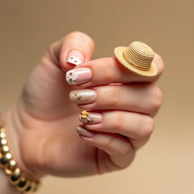 Unhas decoradas com chapéu de palha em miniatura para Festa Junina