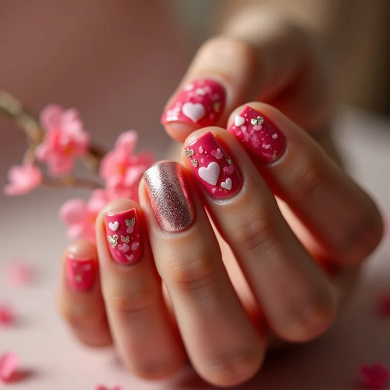 Unhas decoradas com corações e flores para Festa Junina